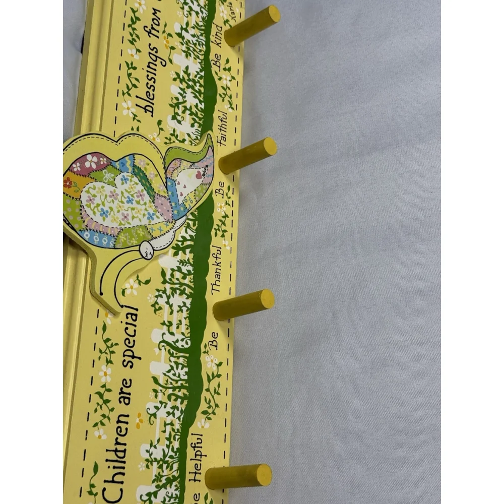 Vintage Homemade Butterfly Yellow Blessing Peg Wall Coat Robe Cap Rack Signed
